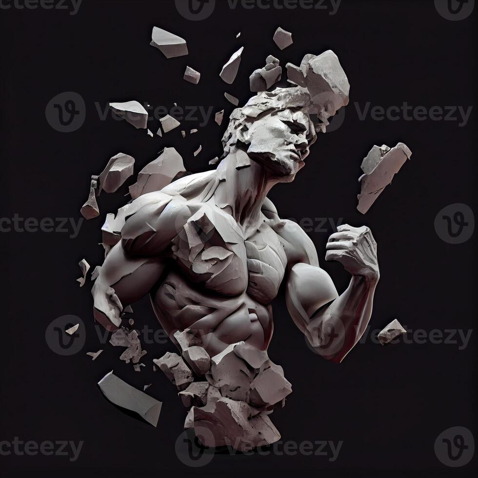 génératif ai illustration de réaliste pierre homme sculpture cassé et pièces dans noir Contexte. motivation et dépassement toi même concept photo