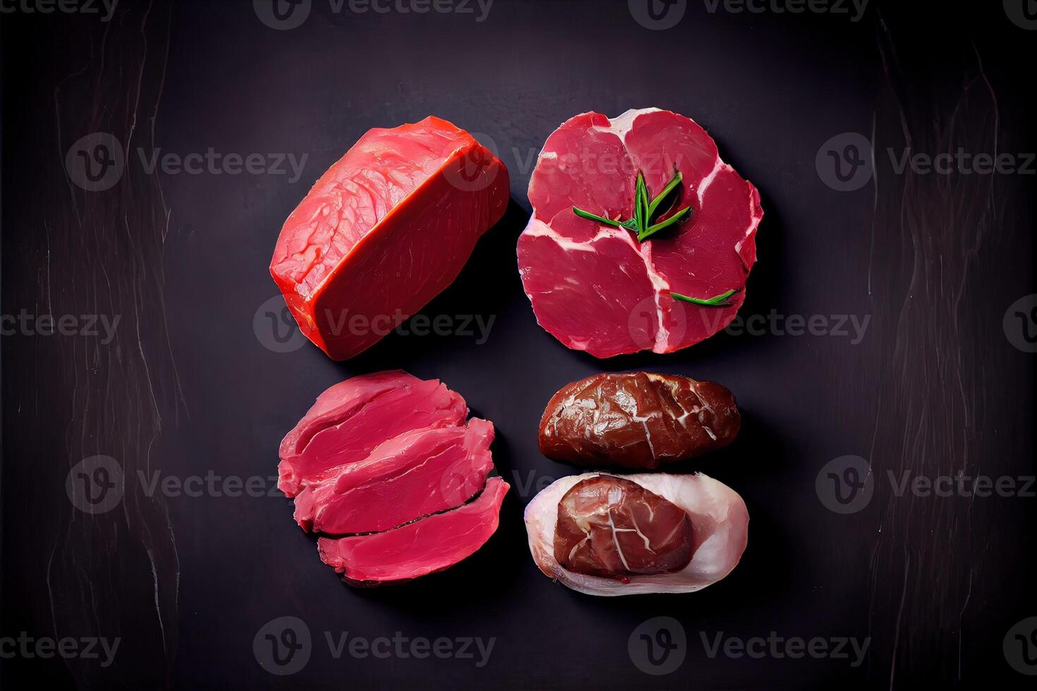 génératif ai illustration de variété de brut du boeuf Viande steaks pour grillage avec assaisonnement et ustensiles, assorti brut du boeuf Viande, Frais brut du boeuf steaks sur en bois planche photo