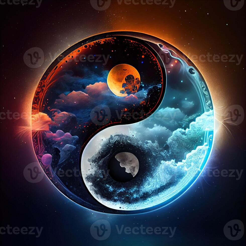 génératif ai illustration de une mythique yin Yang la magie conception fabriqué de carnaval verre, fantaisie ciel arrière-plan, maîtrise de le obscurité, fantaisie épique atmosphère photo
