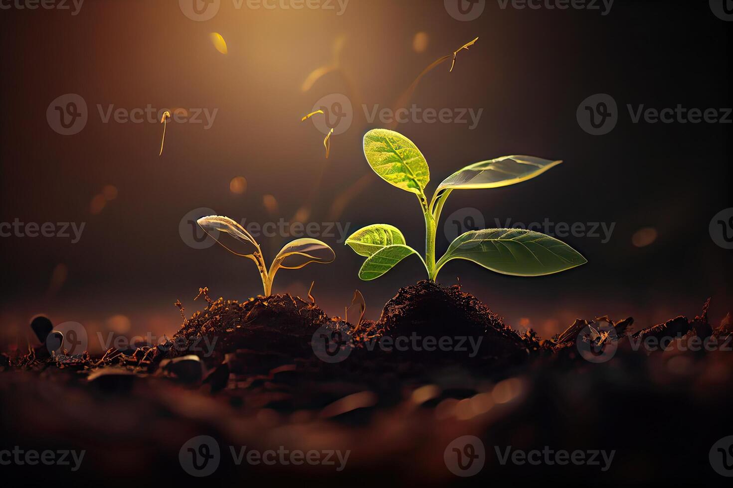 génératif ai illustration de une Nouveau la vie idée. printemps voit peu les plantes sur le sol, développement plante et Aube lumière, frais, graine, image avec une moderne agricole thème photo