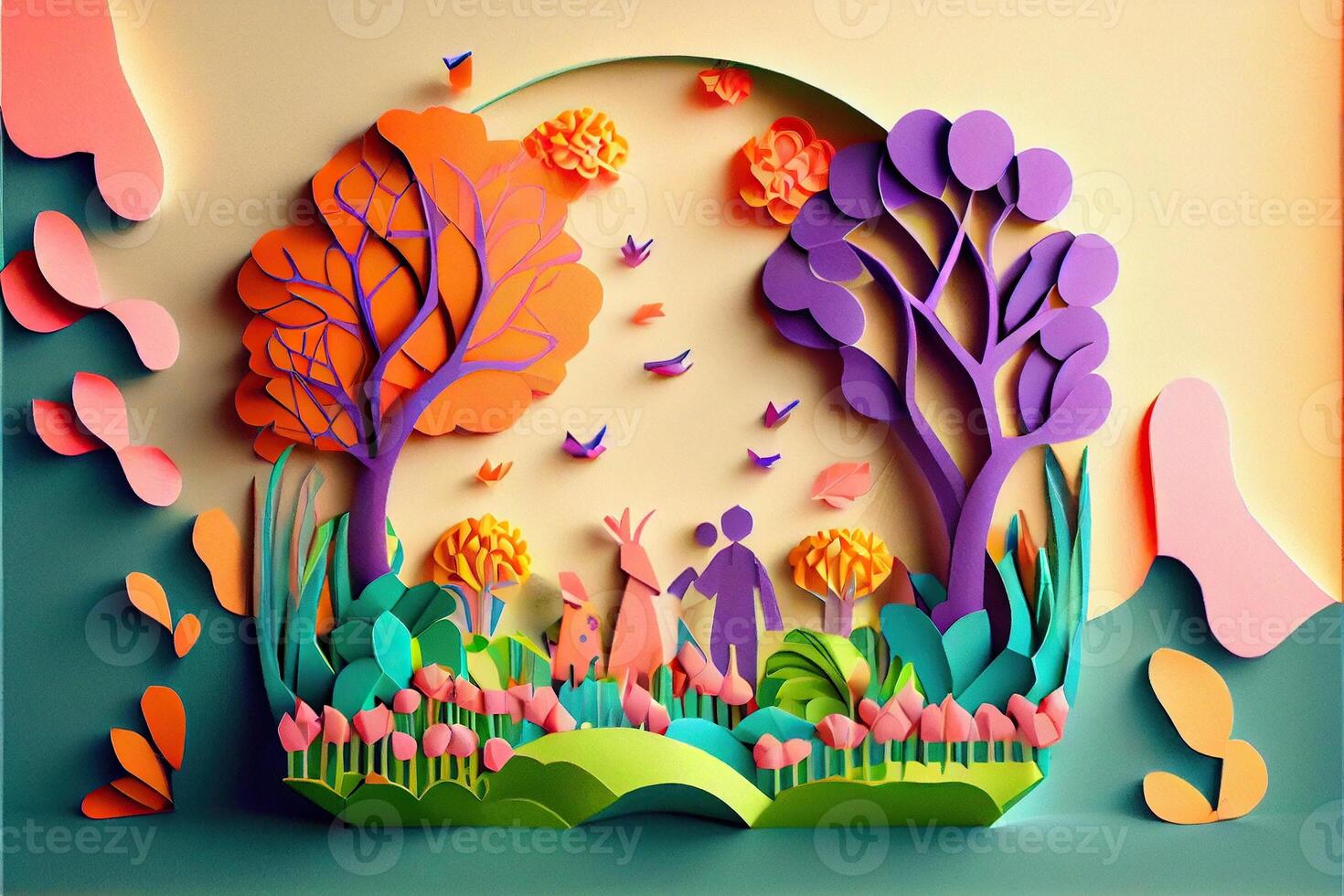 génératif ai illustration de origami printemps arrière-plan, joyeux âgé, content famille avec parent, coloré. papier Couper artisanat, 3d papier illustration style, pop couleur. neural réseau généré art. photo