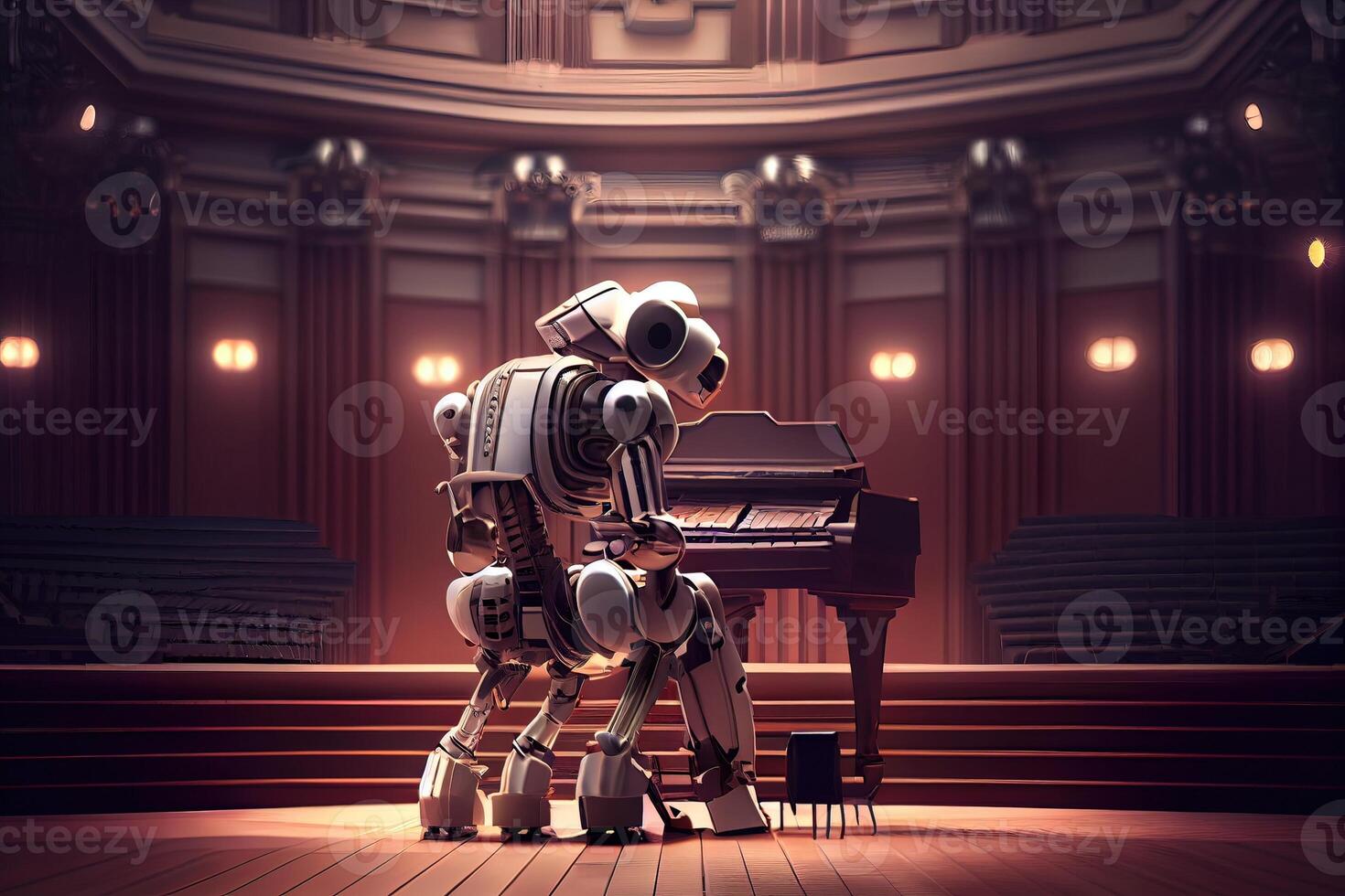 génératif ai illustration de robot en jouant le piano dans une grandiose concert salle photo