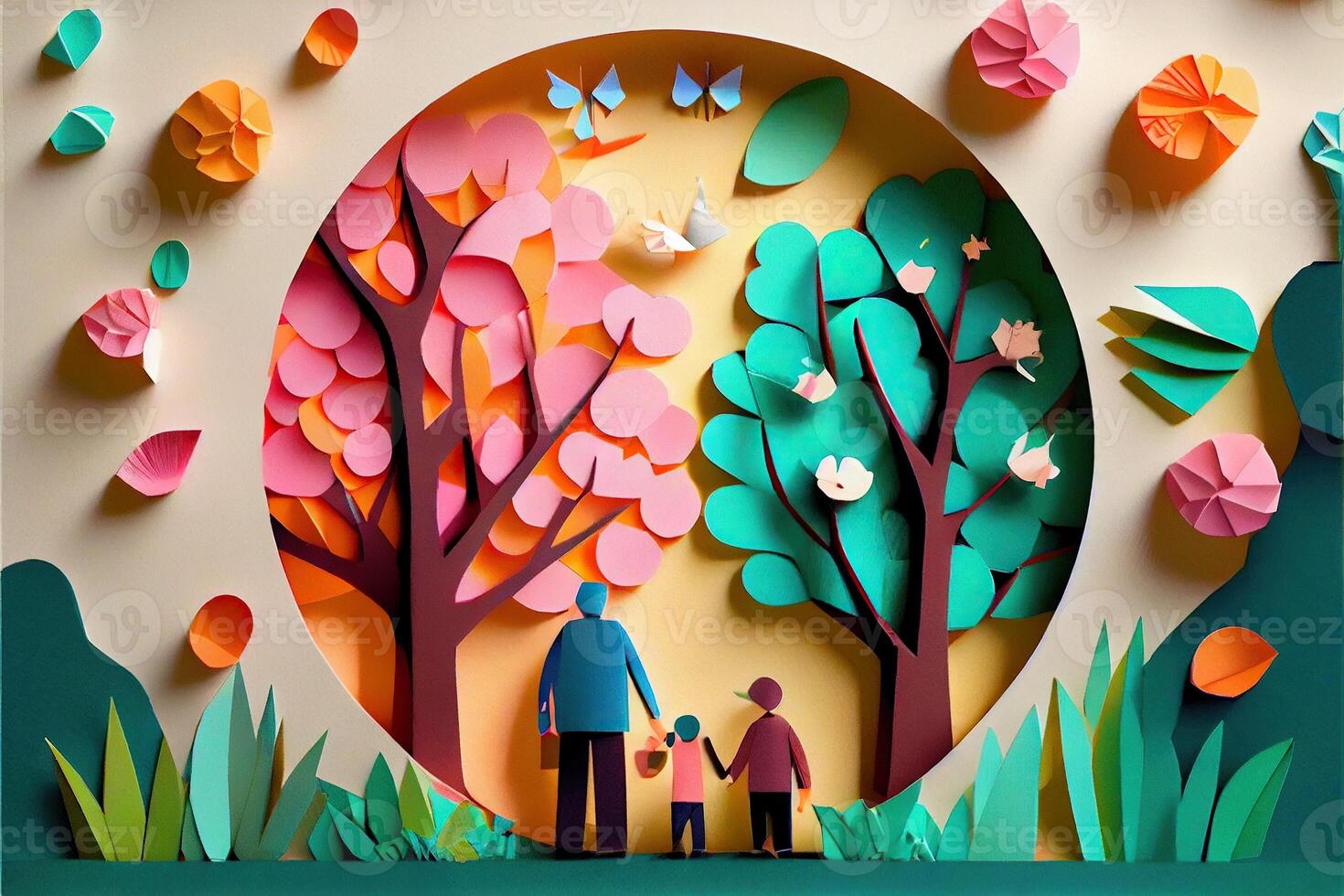 génératif ai illustration de origami printemps arrière-plan, joyeux âgé, content famille avec parent, coloré. papier Couper artisanat, 3d papier illustration style, pop couleur. neural réseau généré art. photo