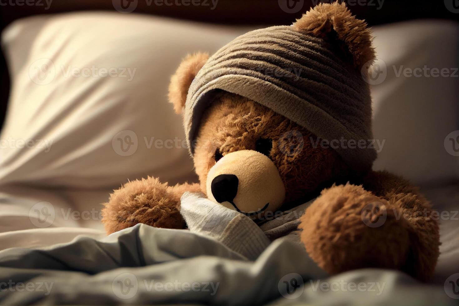 génératif ai illustration de une nounours ours pose dans lit et sentiment malade photo