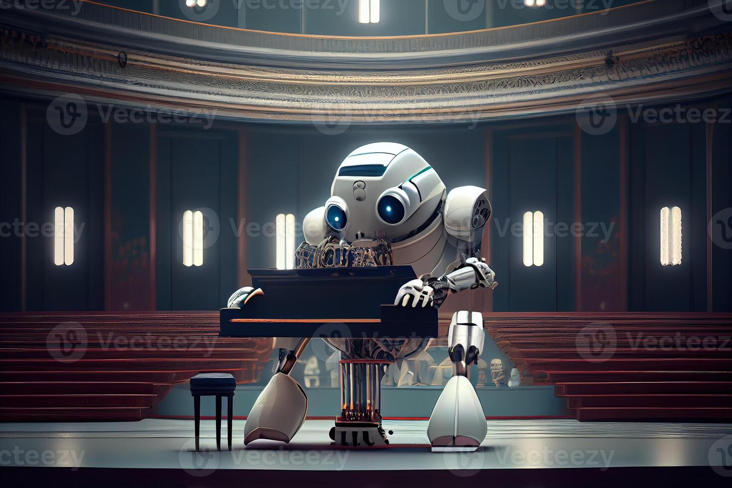 génératif ai illustration de robot en jouant le piano dans une grandiose concert salle photo