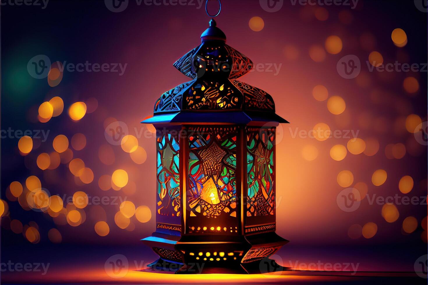 génératif ai illustration de musulman saint mois Ramadan kareem arabe lanterne avec bokeh, néon lumière et lanterne affiché sur étapes avec embrasé lumière dans le soir. fond d'écran et bannière Contexte. photo