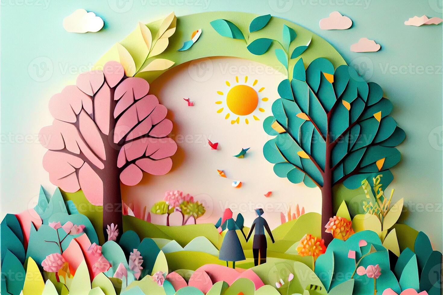 génératif ai illustration de origami printemps arrière-plan, joyeux âgé, content famille avec parent, coloré. papier Couper artisanat, 3d papier illustration style, pop couleur. neural réseau généré art. photo