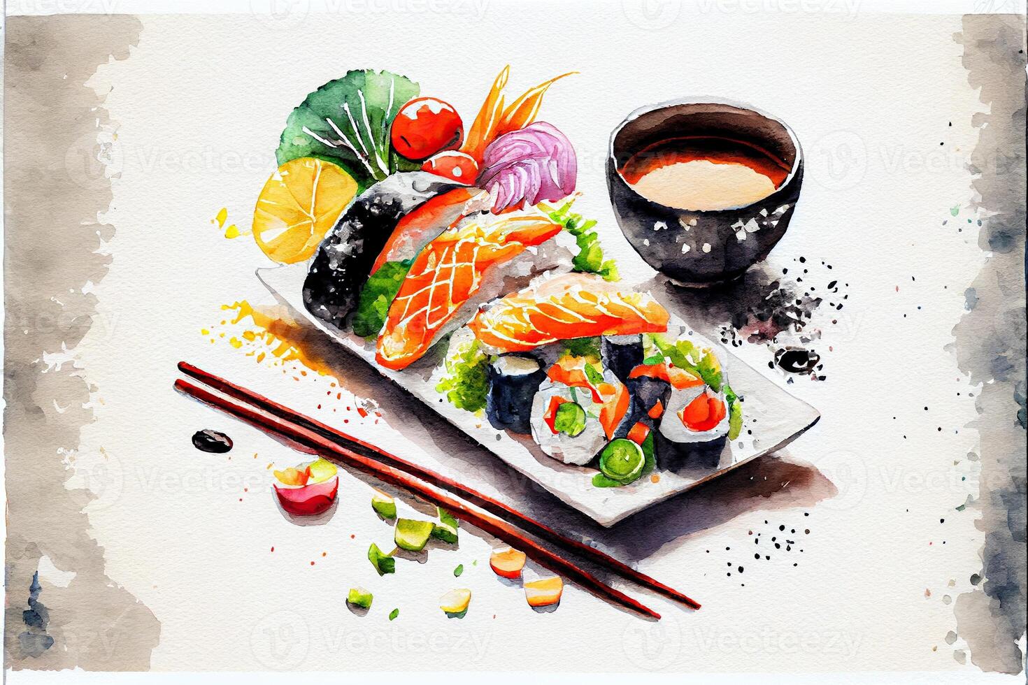 génératif ai illustration de knolling Japonais cuisine nourriture, aquarelle peindre style, ensemble de asiatique nourriture photo