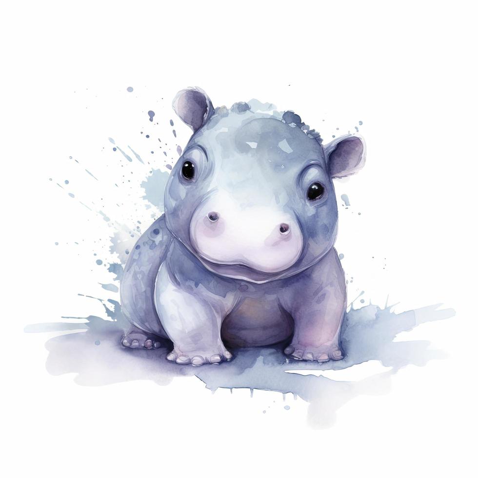 mignonne petit bébé hippopotame, l'eau couleur, pastel Couleur avec blanc arrière-plan, générer ai photo