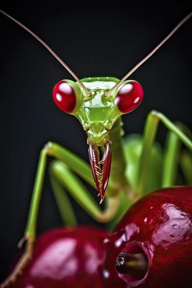 vert attaquer mante en portant une rouge cerise, générer ai photo