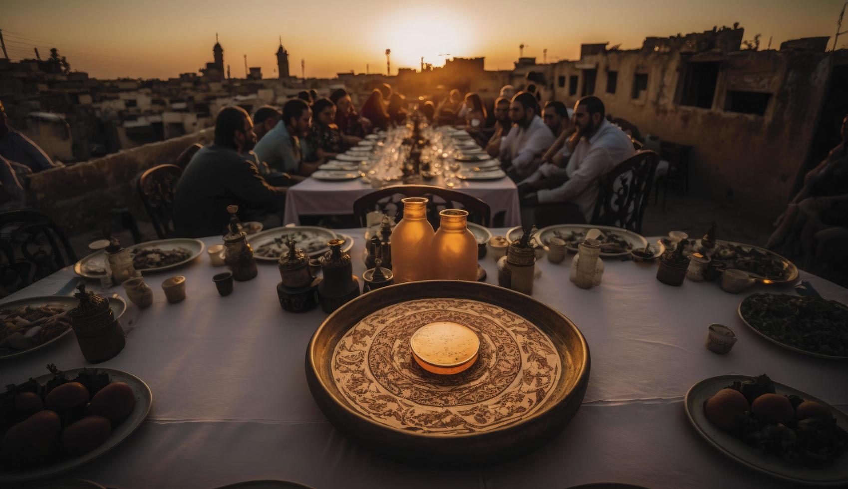 Ramadan iftar nourriture, iftar repas et rassemblements, Ramadan iftar aïd. musulman famille a dîner à maison. table avec traditionnel aliments. eid al-fitr célébrations, produire ai photo