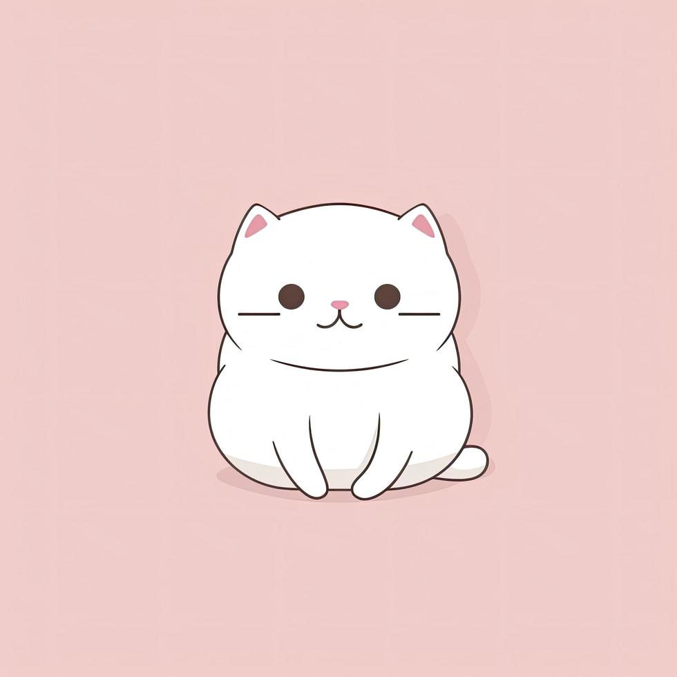 adorable minuscule blanc chat, accroupi, espiègle, content, kawaii style illustration, plat icône, dessin, générer ai photo