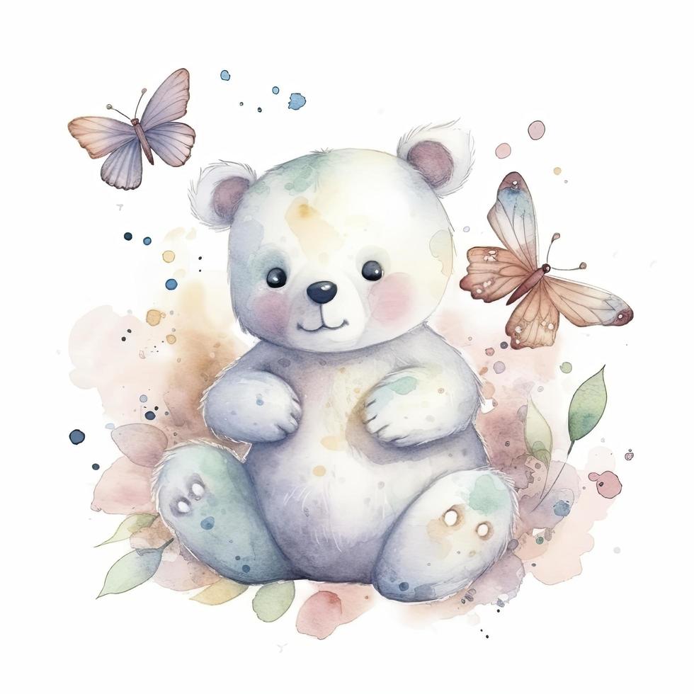 mignonne peu blanc ours avec papillons, aquarelle, lumière et pastel couleurs sur blanc arrière-plan, générer ai photo