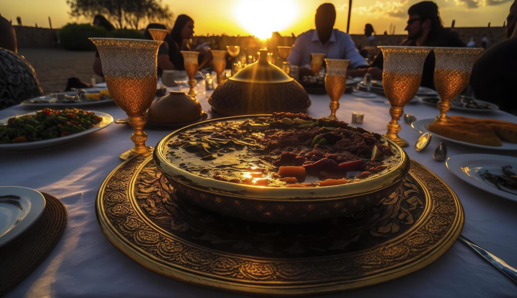 Ramadan iftar nourriture, iftar repas et rassemblements, Ramadan iftar aïd. musulman famille a dîner à maison. table avec traditionnel aliments. eid al-fitr célébrations, produire ai photo