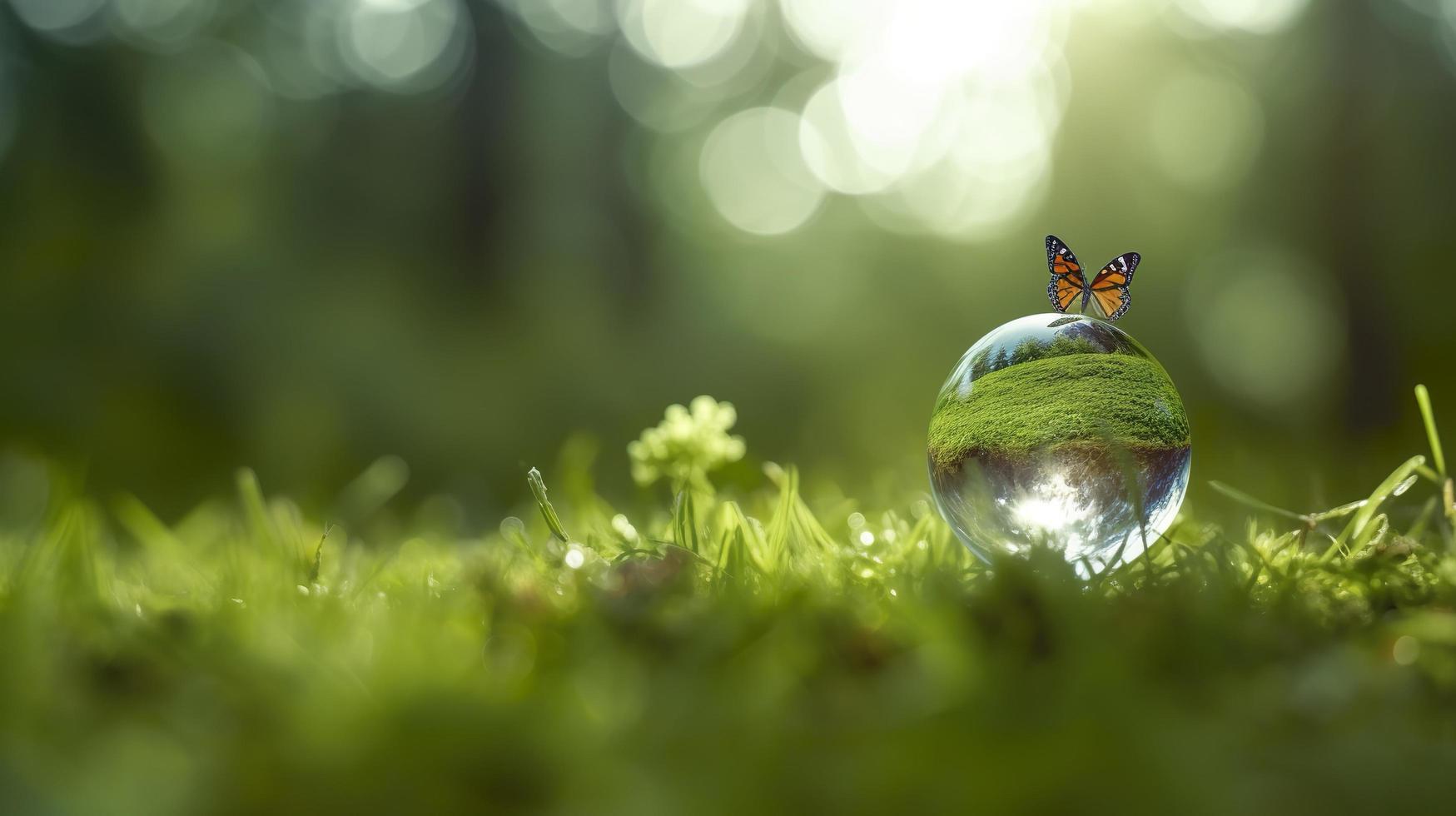 concept enregistrer le monde enregistrer environnement le monde est dans le herbe de le vert bokeh arrière-plan, générer ai photo