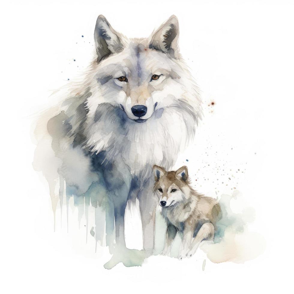 gratuit Loup mère avec Loup enfant l'eau couleur, pastel ,blanc Contexte , générer ai photo