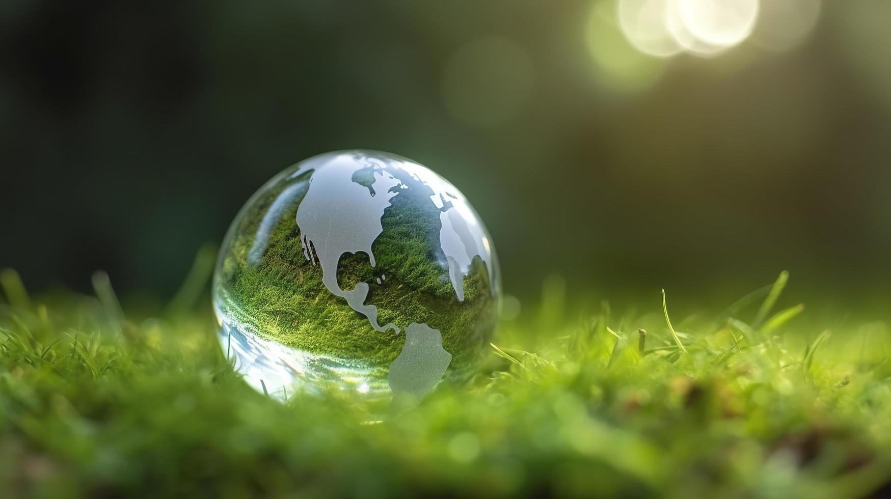 une verre globe concept journée Terre enregistrer le monde enregistrer environnement le monde est dans le herbe de le vert bokeh arrière-plan, générer ai photo