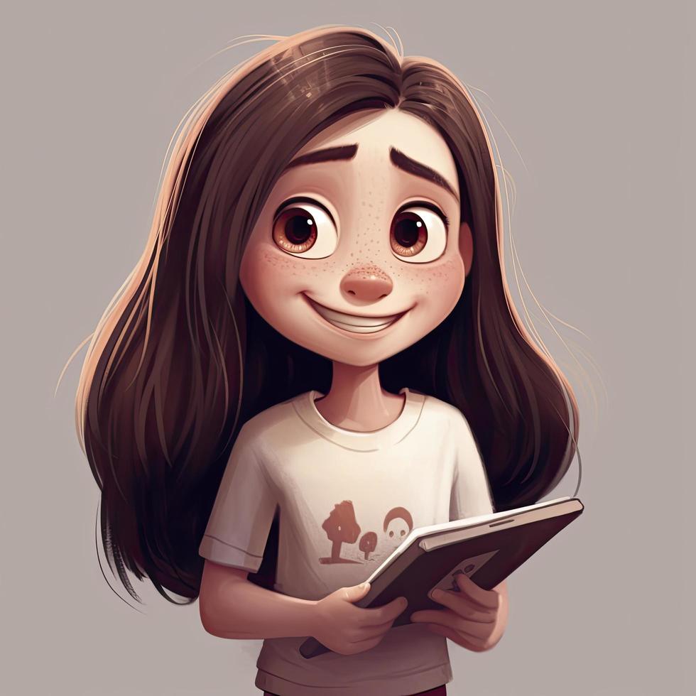 mignonne personnage, gros lèvres, rosé joues, longue foncé cheveux, en portant un iPad, souriant, blanc T-shirt, lumière couleurs, générer ai photo