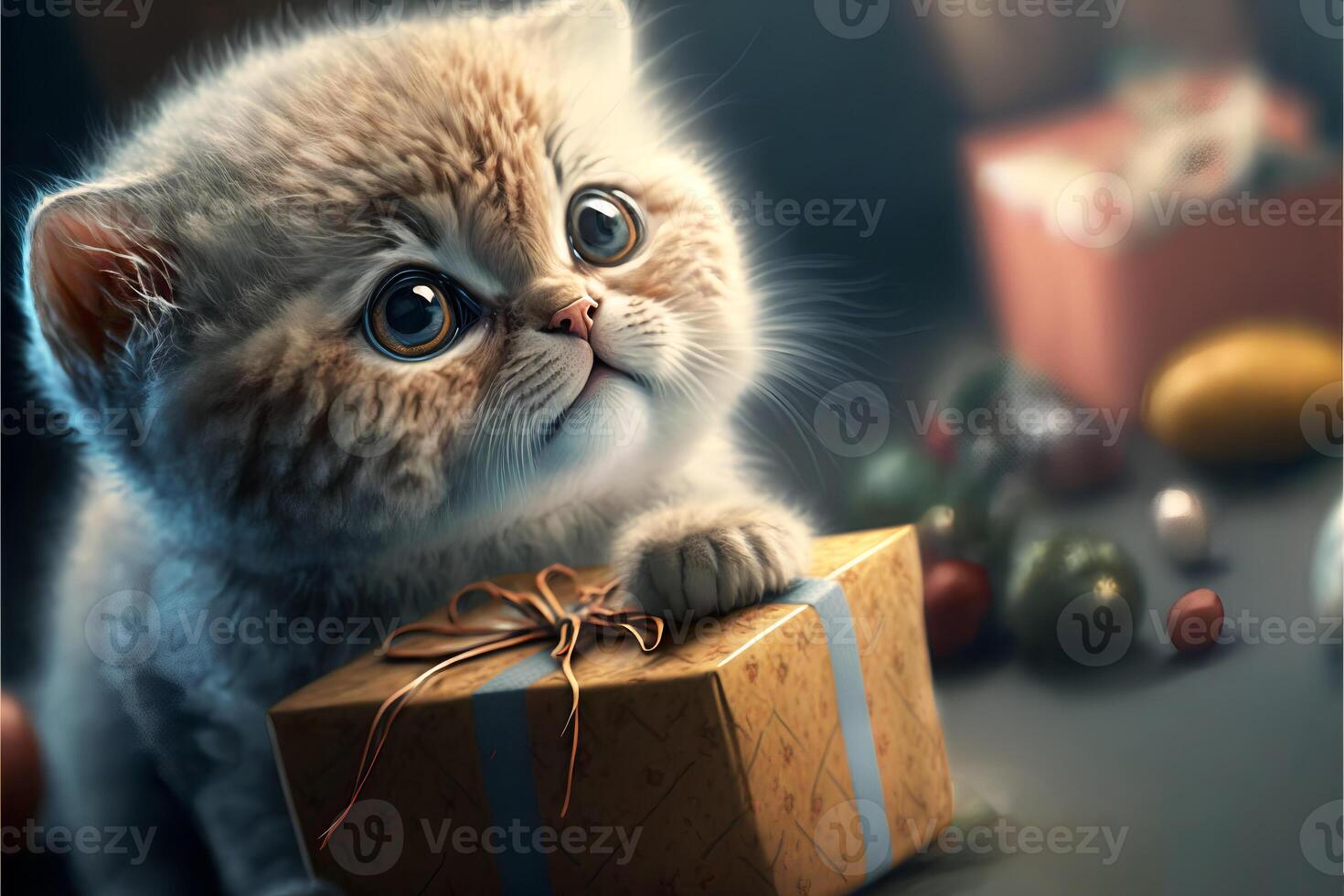 une mignonne chaton avec gros yeux mettre ses patte sur une Nouveau années cadeau.a Vide pour une carte postale avec copyspace.ai généré. photo