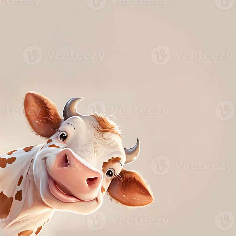 un adorable vache avec une rose nez coups d'oeil en dehors de le coin dans 3d style sur une beige Contexte avec espace de copie. ai généré. photo