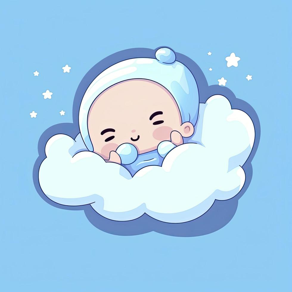 mignonne bébé en train de dormir sur nuage oreiller dessin animé icône illustration, générer ai photo