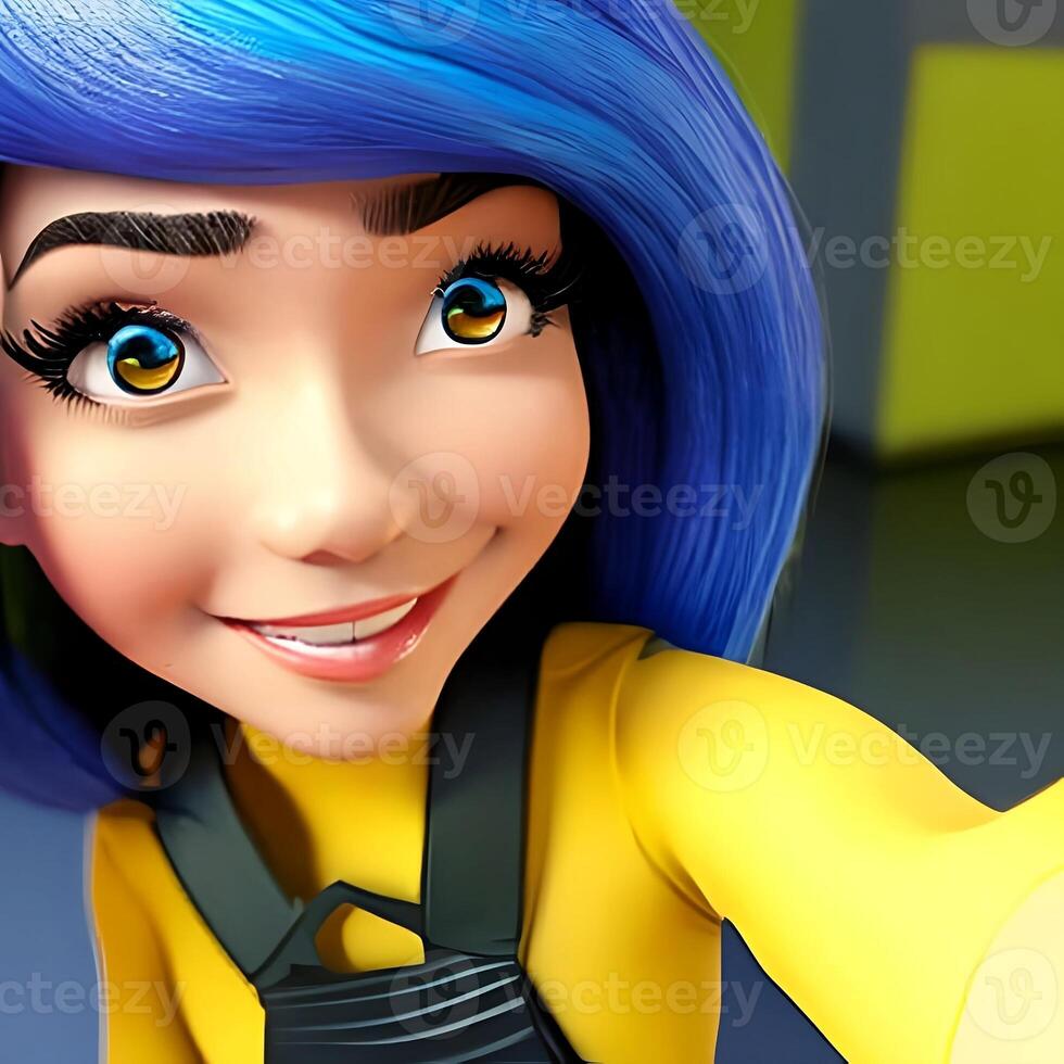 magnifique dessin animé souriant fille avec bleu cheveux prise une selfie. génératif ai photo