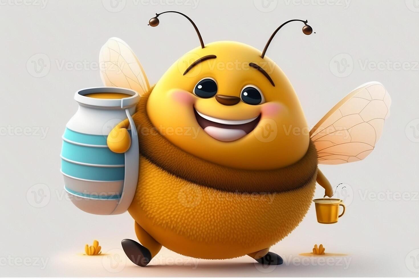 mignonne souriant graisse abeille avec une pot de mon chéri isolé sur blanc Contexte. génératif ai photo