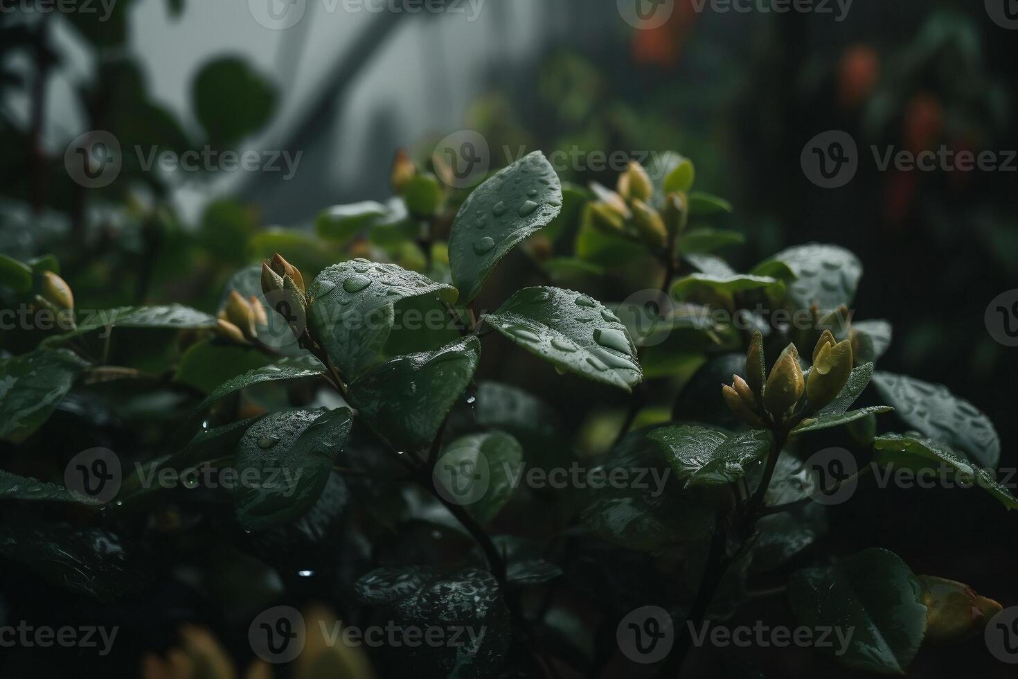 le pluie chutes sur le les plantes. ai généré photo