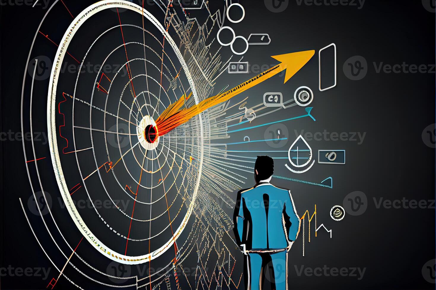 affaires et La technologie cible buts et réussite homme d'affaire dessine augmenter La Flèche graphique entreprise futur croissance année Nouveau année résolution statistiques graphique en hausse revenu génératif ai photo