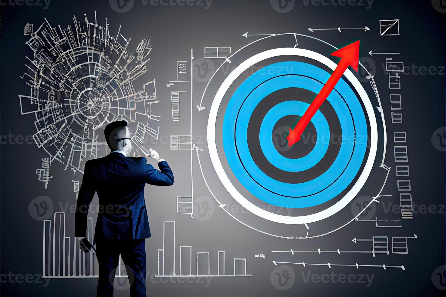 affaires et La technologie cible buts et réussite homme d'affaire dessine augmenter La Flèche graphique entreprise futur croissance année Nouveau année résolution statistiques graphique en hausse revenu génératif ai photo