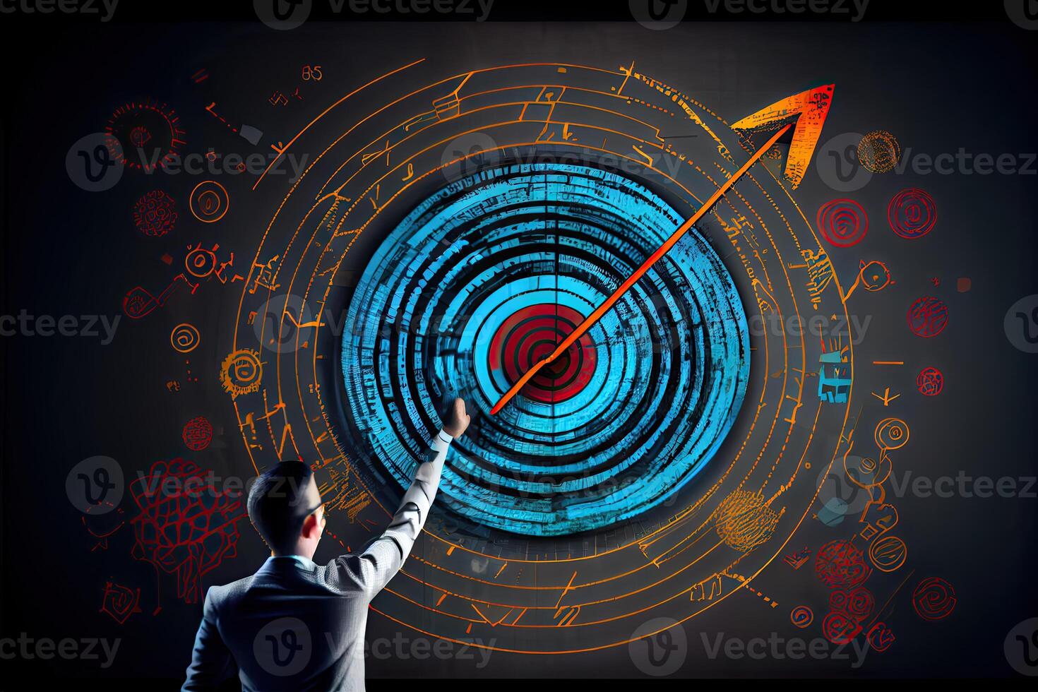 affaires et La technologie cible buts et réussite homme d'affaire dessine augmenter La Flèche graphique entreprise futur croissance année Nouveau année résolution statistiques graphique en hausse revenu génératif ai photo