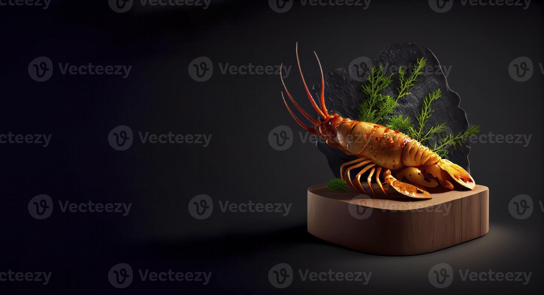 crevettes dans le en bois planche réaliste produit vitrine pour nourriture la photographie ai généré photo