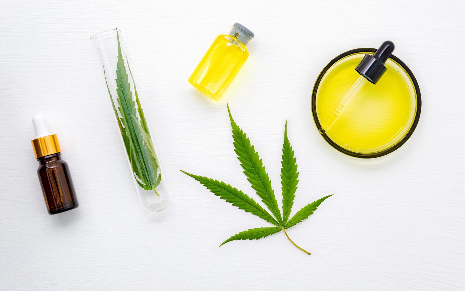 Bouteille en verre d'huile de cannabis et de feuilles de chanvre mis en place sur fond blanc photo