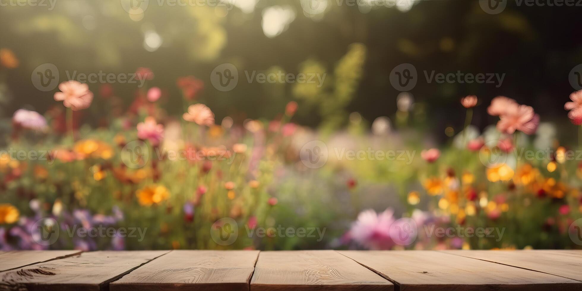 vide en bois table dans fleurs jardin flou arrière-plan, gratuit espace pour produit afficher. génératif ai photo