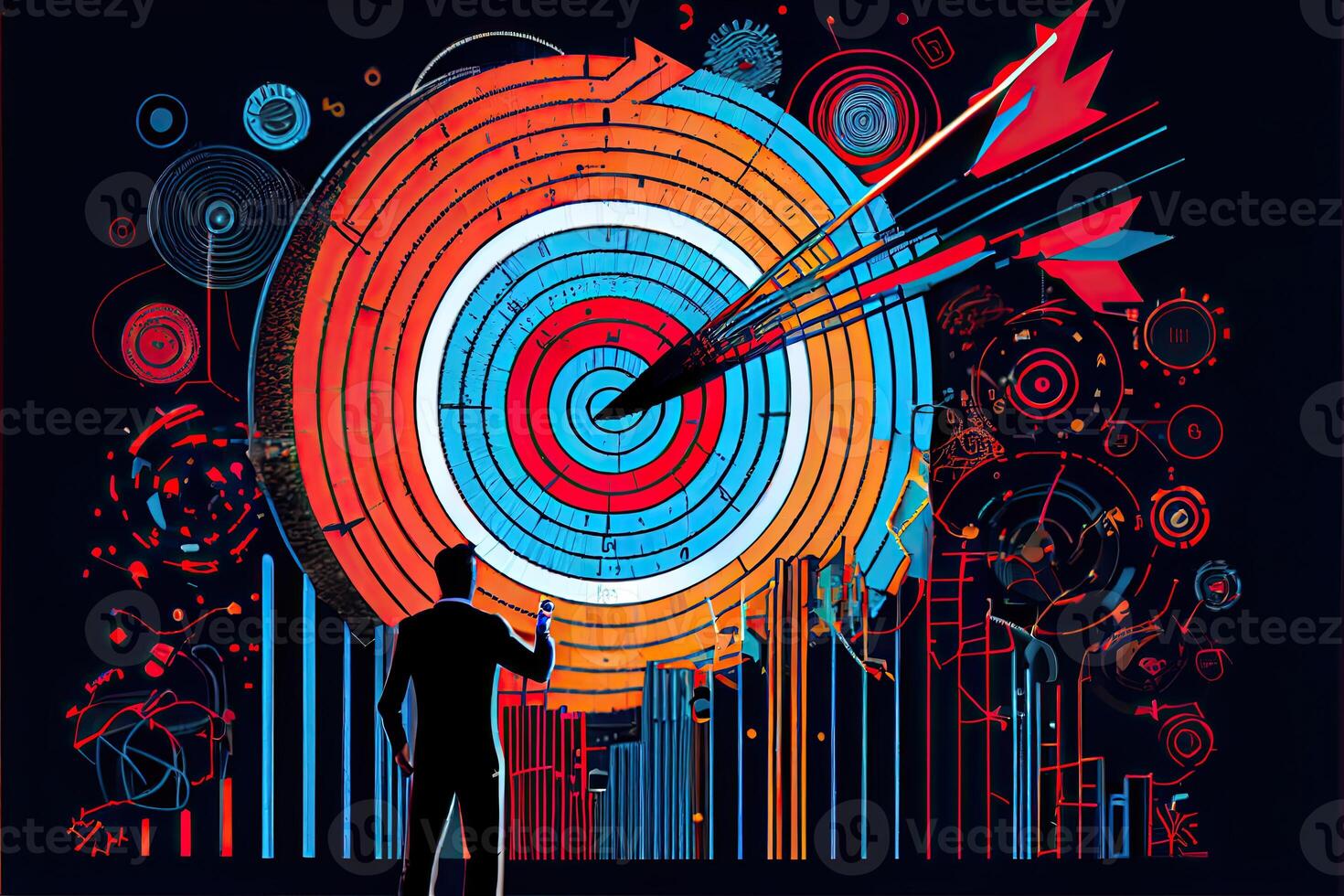 affaires et La technologie cible buts et réussite homme d'affaire dessine augmenter La Flèche graphique entreprise futur croissance année Nouveau année résolution statistiques graphique en hausse revenu génératif ai photo