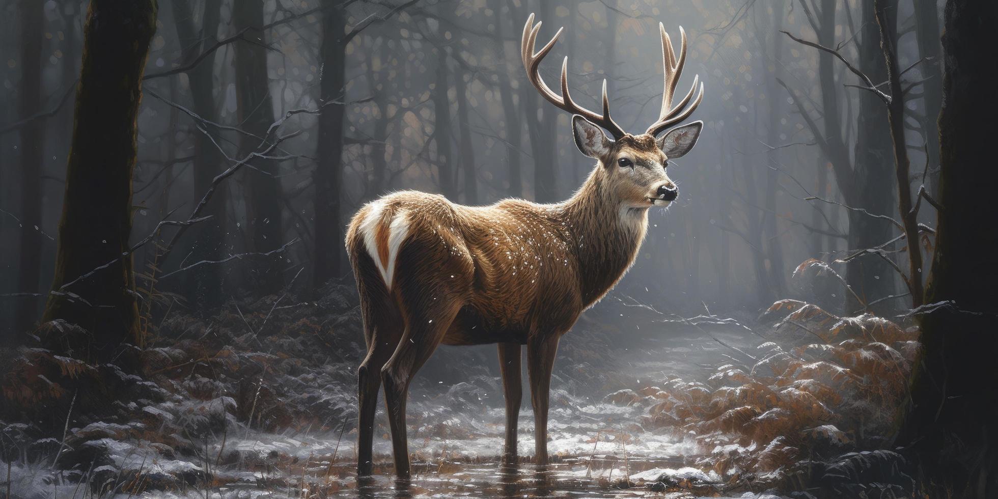 une charmant La peinture de une cerf dans le forêt avec lumière neige chute, produire ai photo