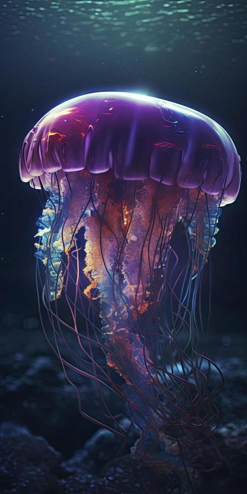embrasé méduse en dessous de eau, produire ai photo
