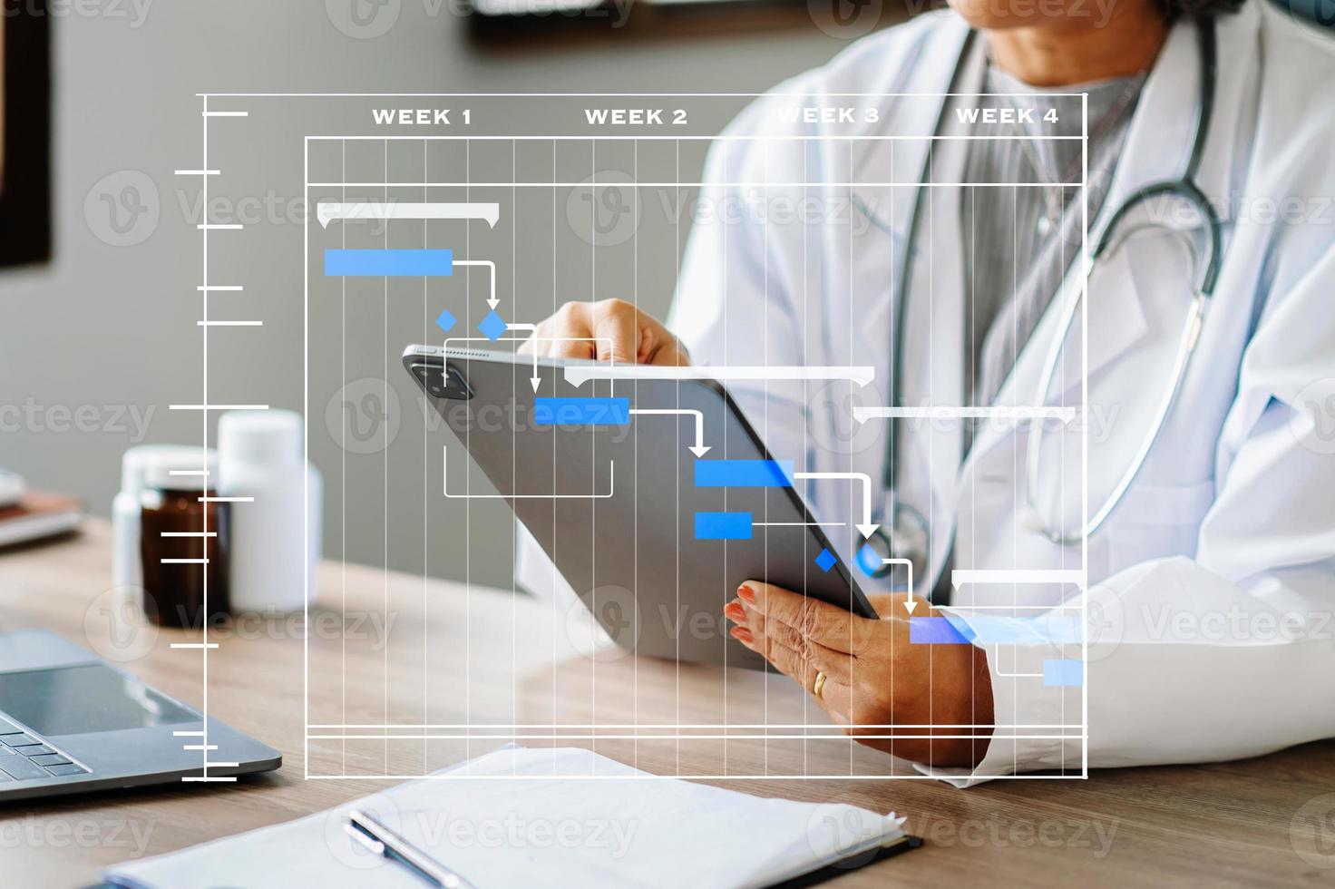 chef de projet travaillant et mettant à jour les tâches avec le diagramme de planification du diagramme de gantt à l'hôpital. succès médecin intelligent travaillant avec un médecin intelligent photo