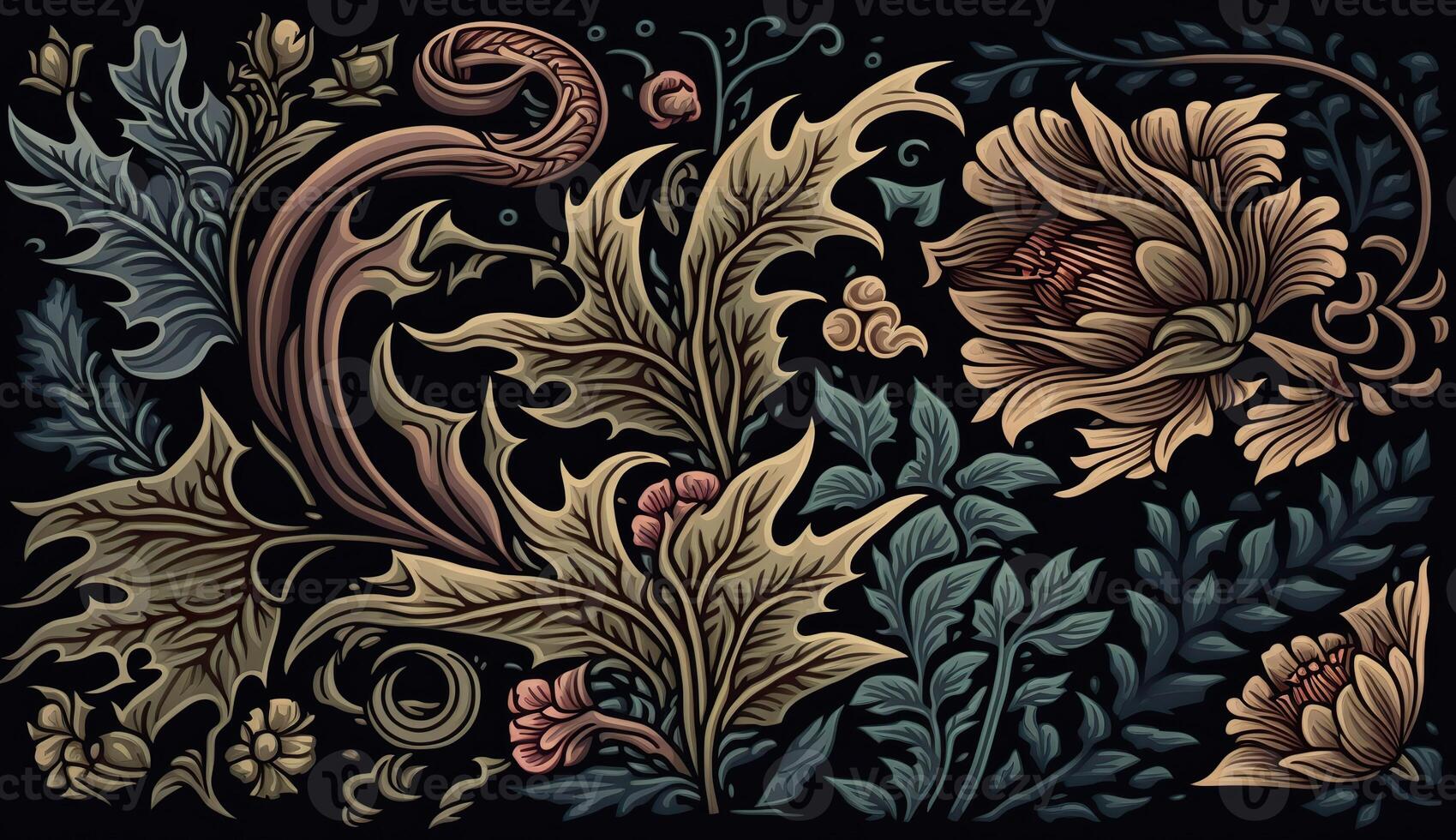 ai généré. génératif ai. floral modèle papier peint. fleurs et feuilles. pouvez être utilisé avant décoration. inspiré par le style de William morris. Couleur illustration. photo