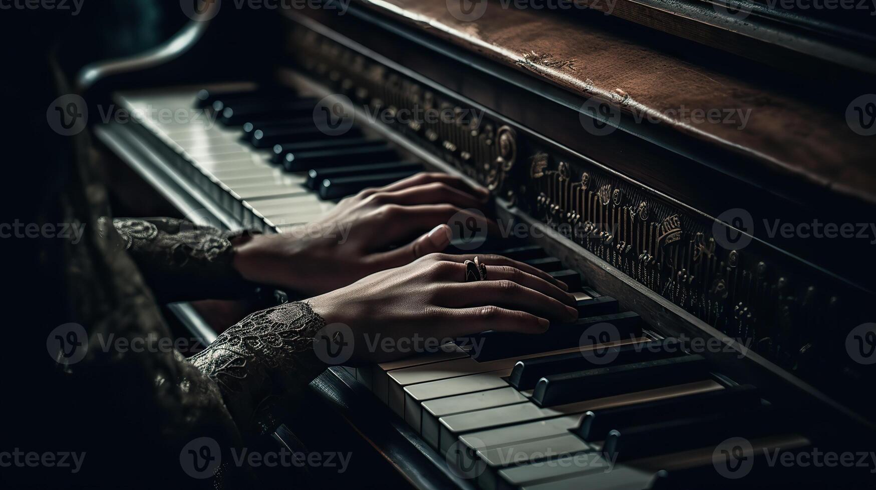 ai généré. génératif ai. la musique rétro ancien piano avec mains. inspiration mélodie. graphique art illustration. photo