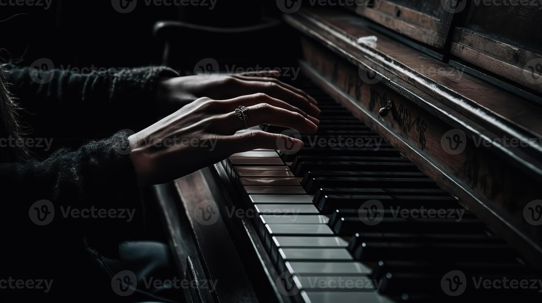 ai généré. génératif ai. la musique rétro ancien piano avec mains. inspiration mélodie. graphique art illustration. photo