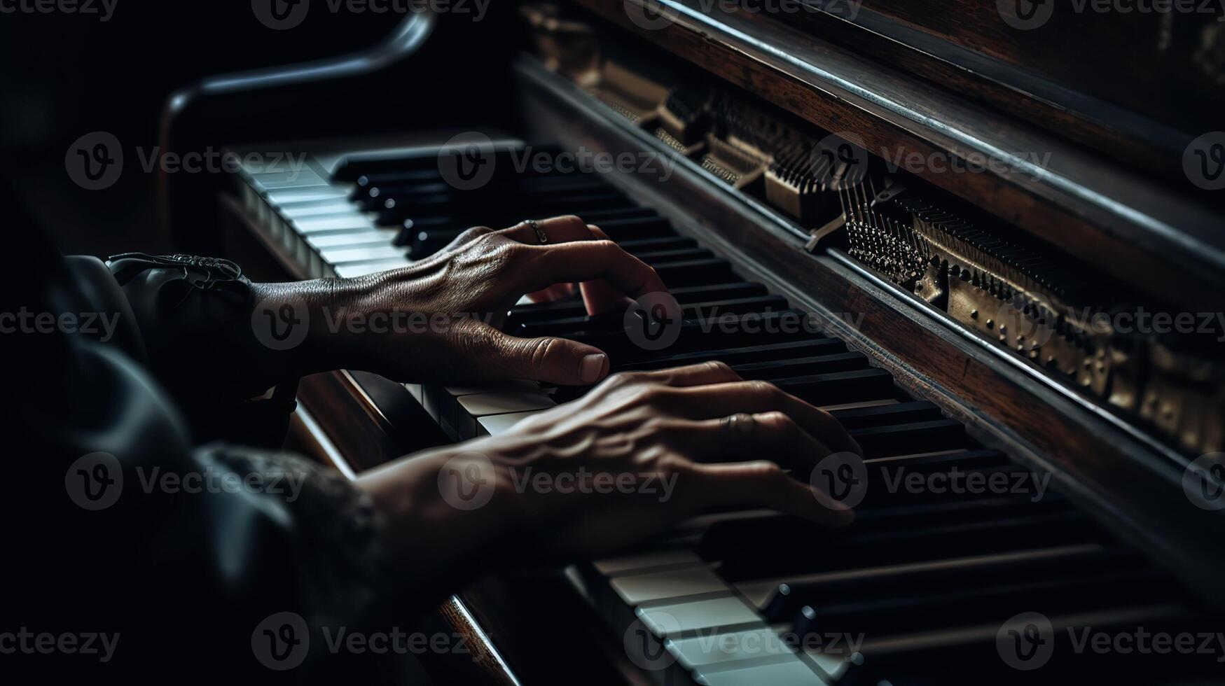 ai généré. génératif ai. la musique rétro ancien piano avec mains. inspiration mélodie. graphique art illustration. photo