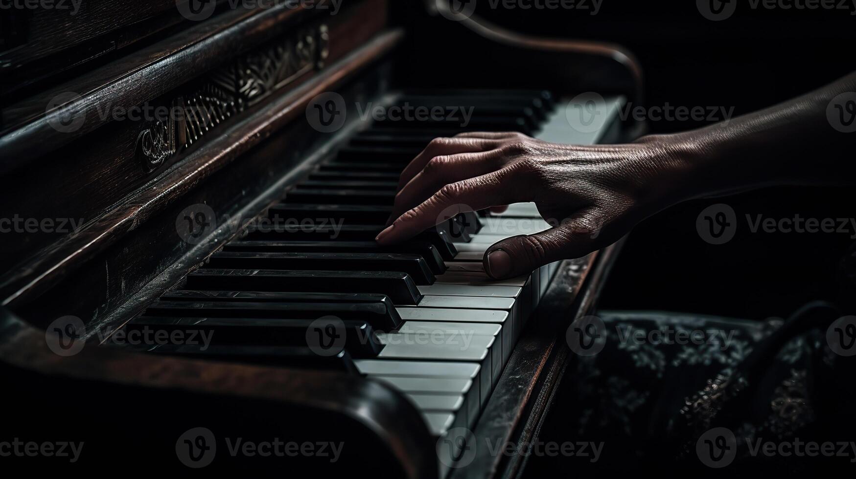 ai généré. génératif ai. la musique rétro ancien piano avec mains. inspiration mélodie. graphique art illustration. photo