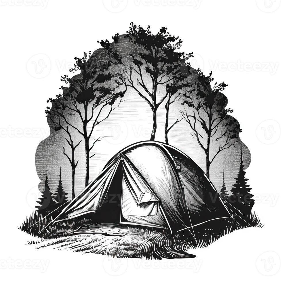 ai généré. génératif ai. ancien rétro camping tente dans gravure style. aventure voyage voyage de motivation affiche. pouvez être utilisé pour décoration et inspiration. graphique art illustration. photo