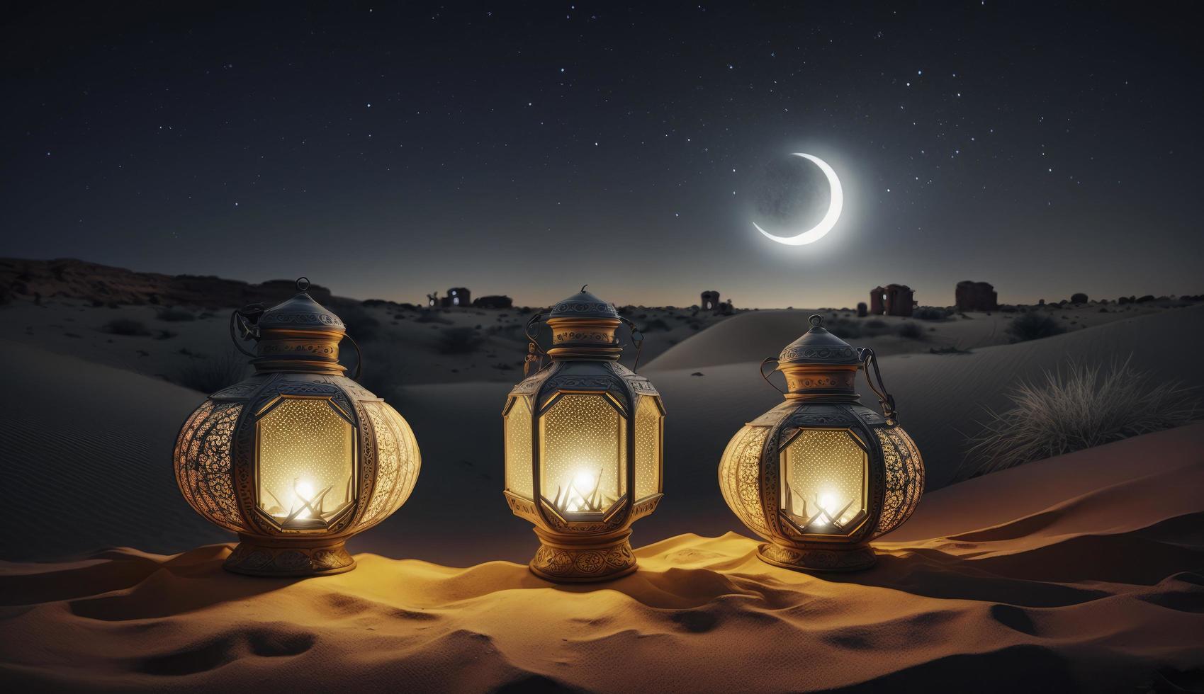 embrasé musulman lanternes des stands dans le désert à nuit ciel sur plein lune. Ramadan fête, produire ai photo