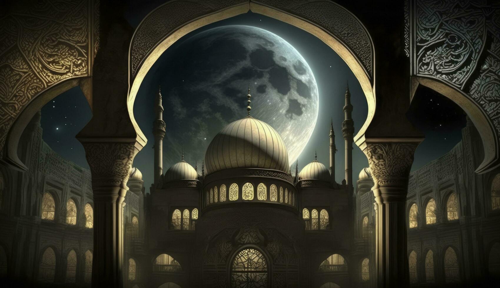 3d illustration de incroyable architecture conception de musulman mosquée Ramadan concept, illustration de incroyable architecture conception de musulman mosquée Ramadan concept, produire ai photo