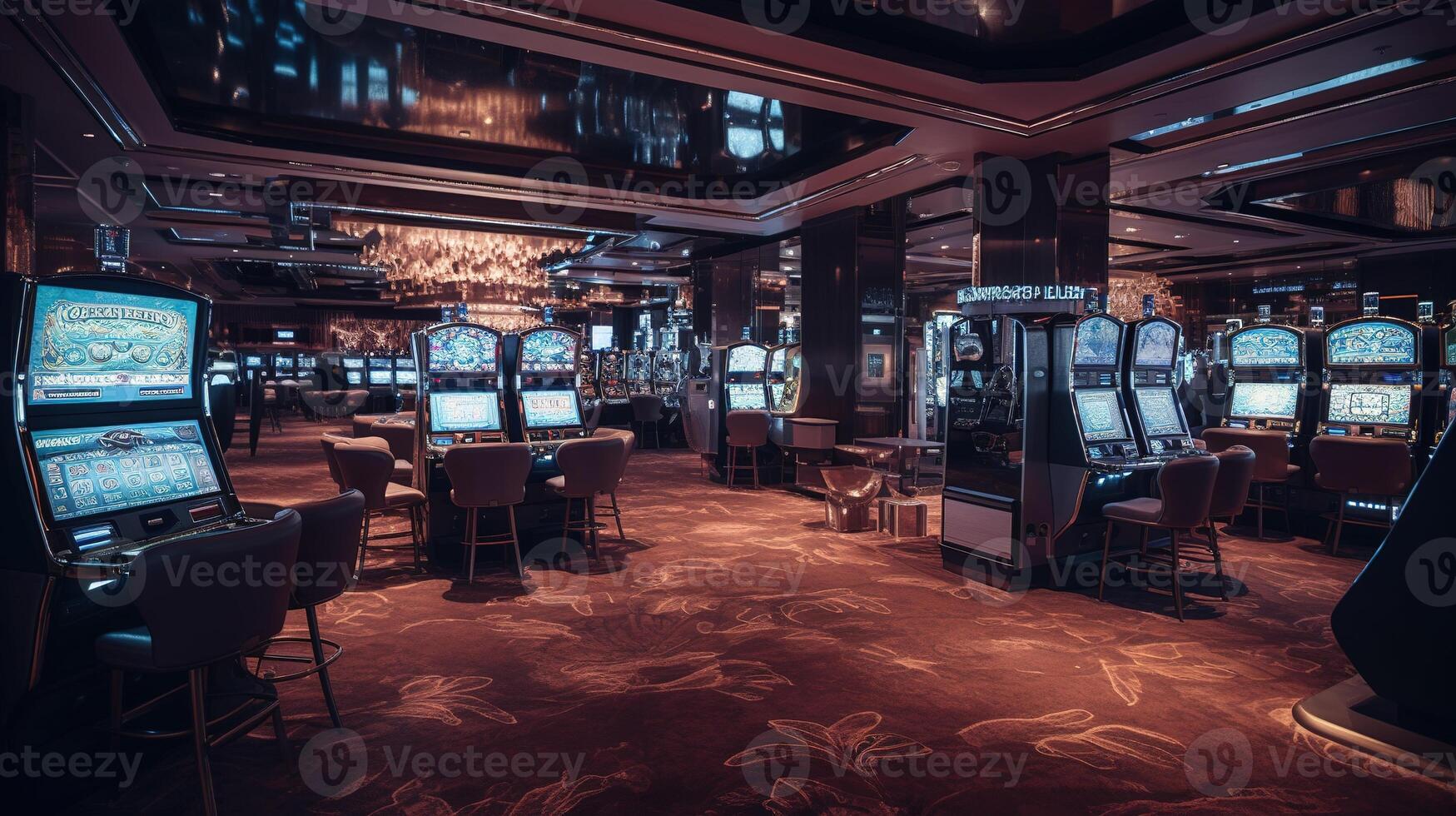 une somptueux casino intérieur avec abondant fente Machines. génératif ai photo