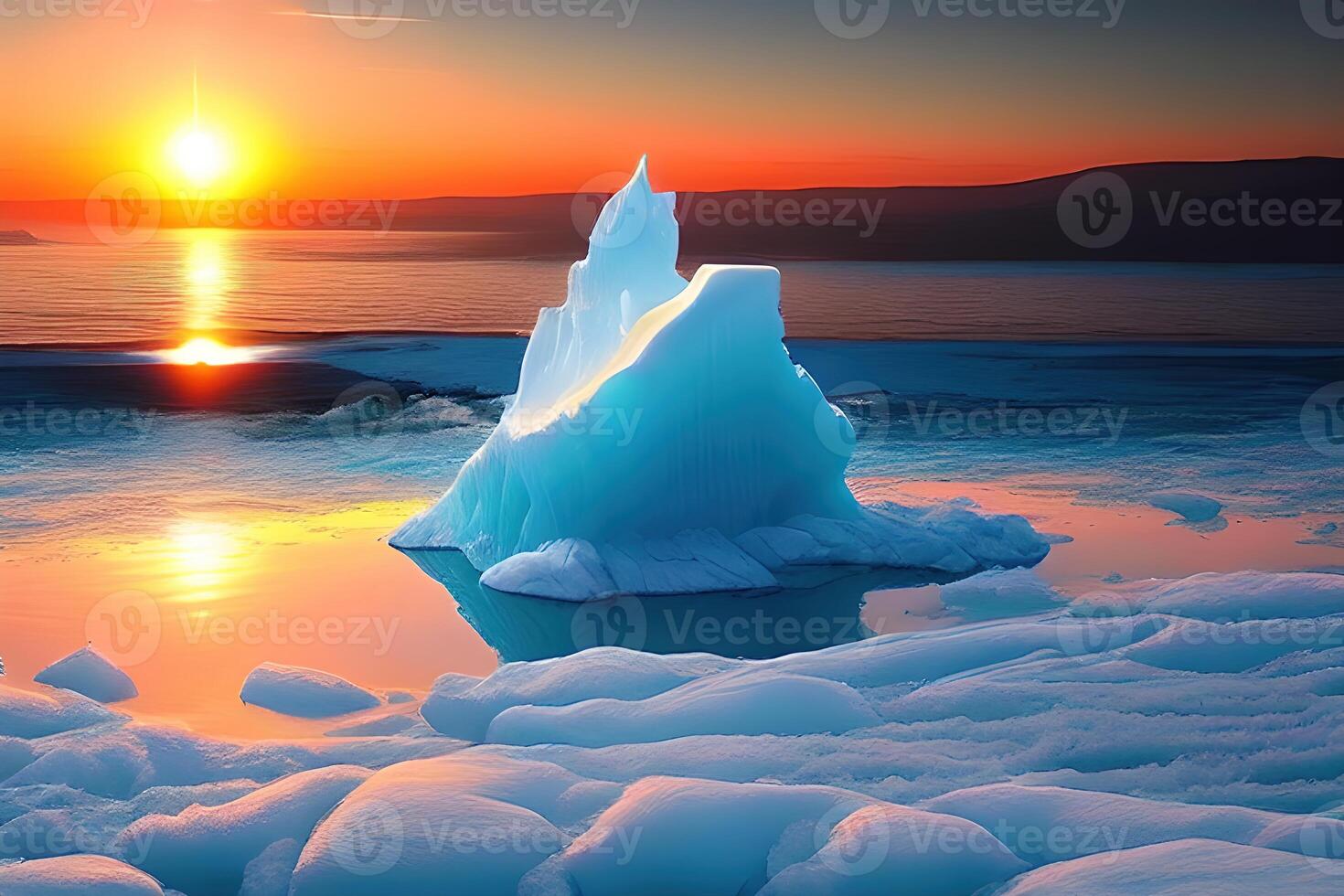 iceberg dans le océan lever du soleil ou le coucher du soleil par ai généré photo