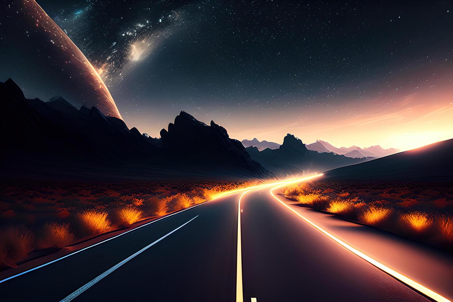 une route en dessous de une nuit ciel rempli avec étoiles une mat La peinture par ai généré photo