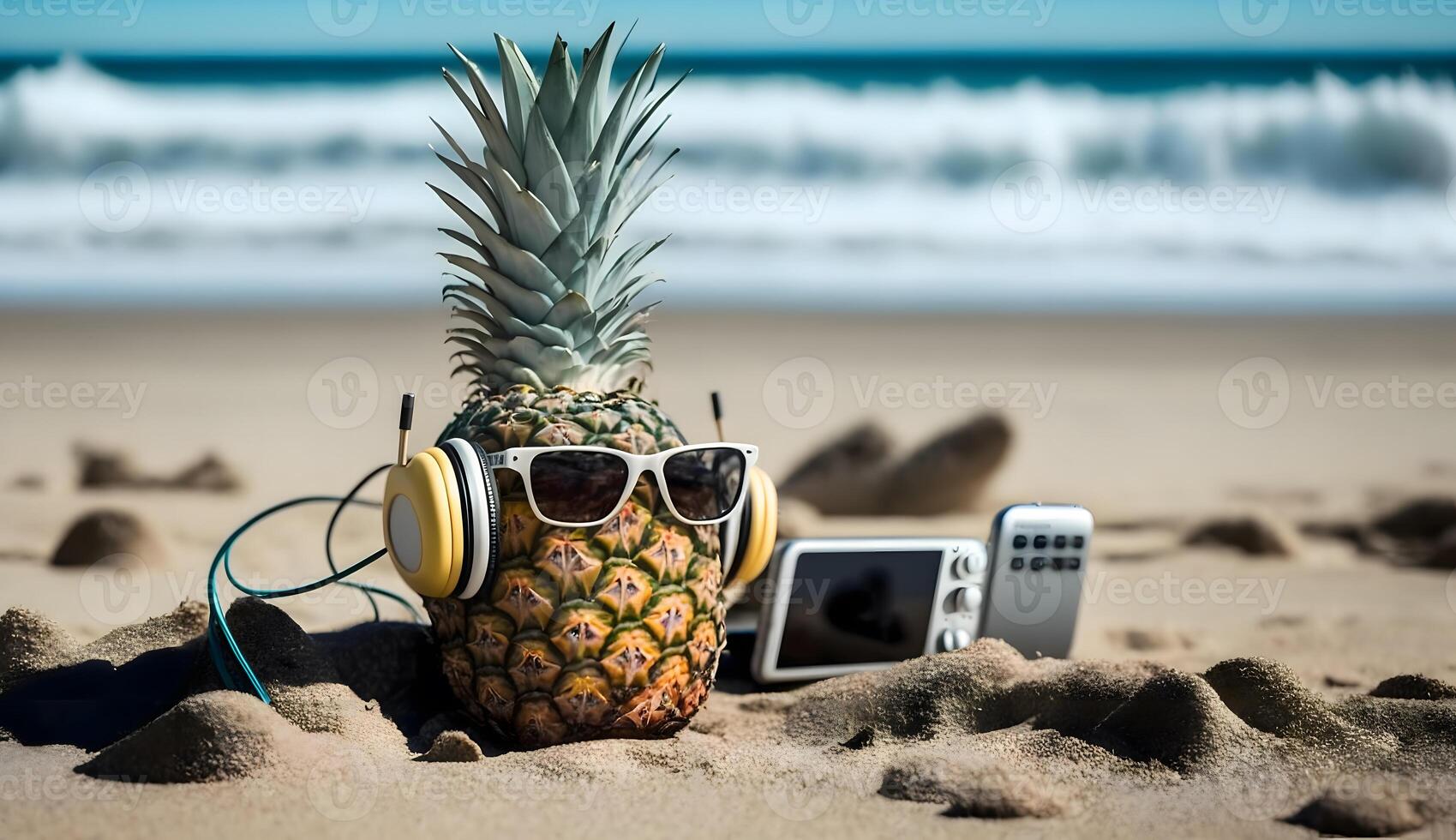ananas portant écouteurs et des lunettes sur le plage, été concept, génératif ai La technologie photo
